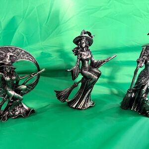 Elegant Silver Witch Figurine Set